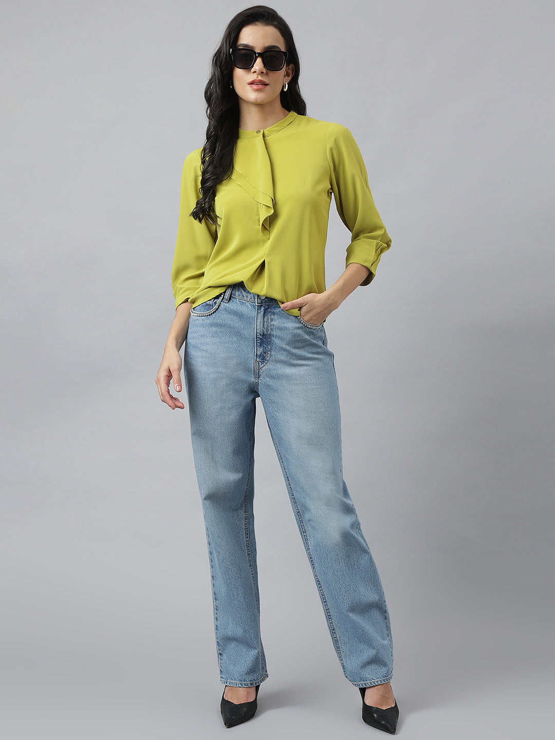 Lime 3/4 Sleeve Round Neck Solid Top For Casual Wear