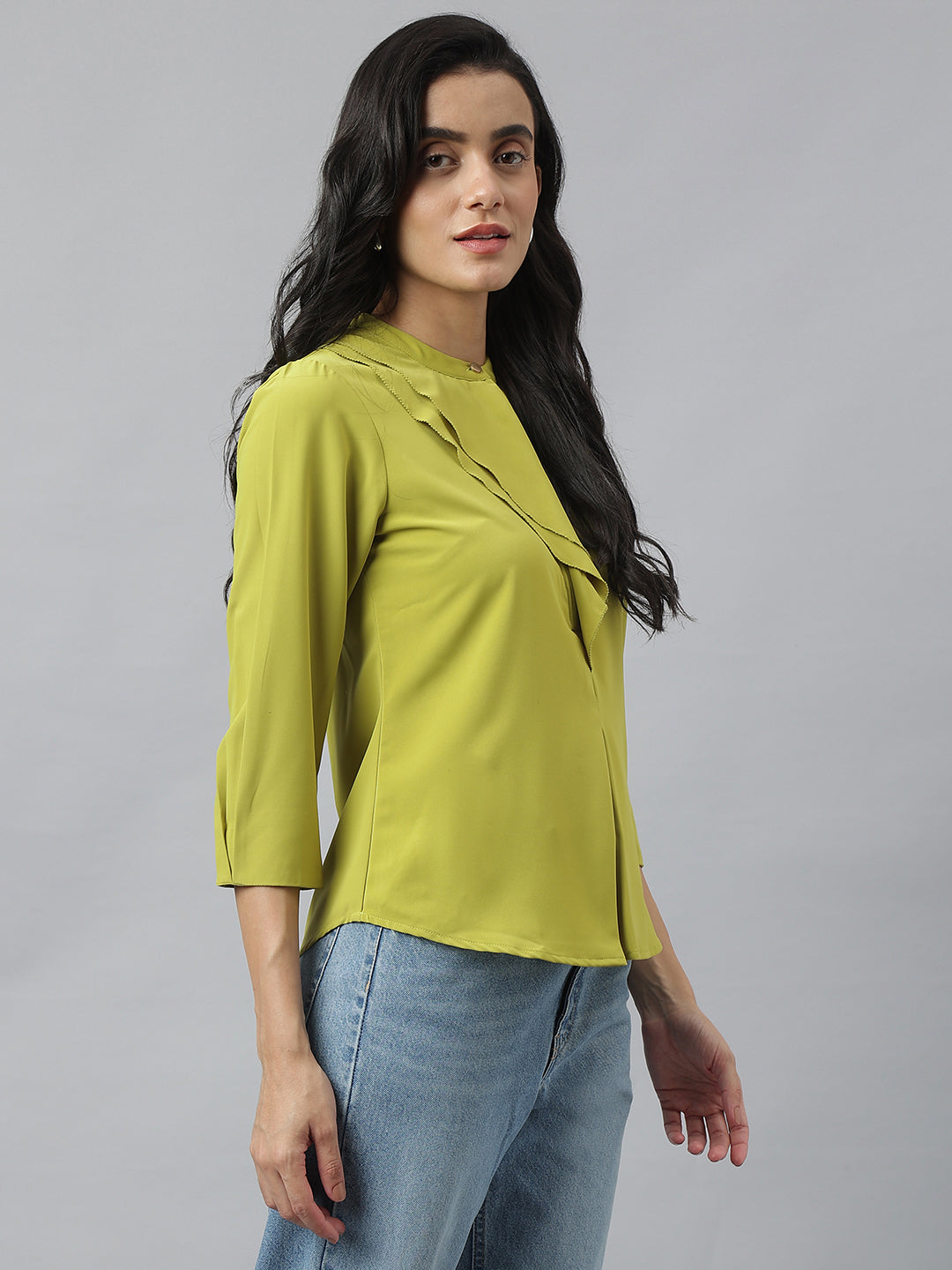 Lime 3/4 Sleeve Round Neck Solid Top For Casual Wear