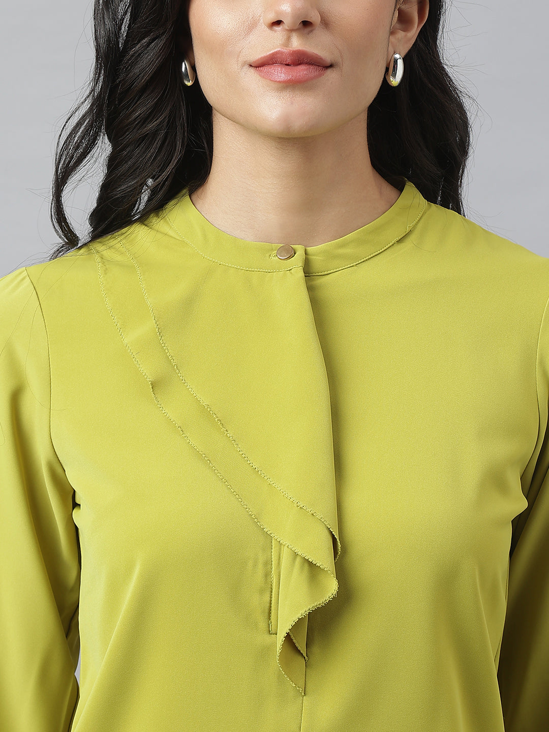 Lime 3/4 Sleeve Round Neck Solid Top For Casual Wear