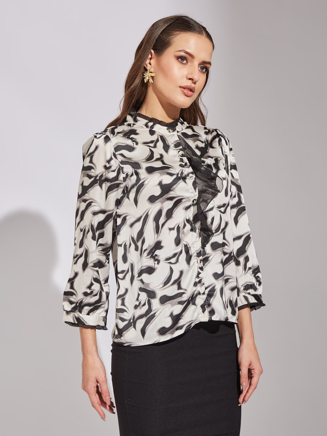 Latin Quarters Women Black Mandarin Neck Three-Quarter Sleeves Printed Shirt