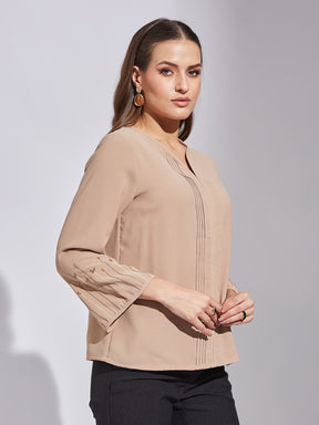 Latin Quarters Women Beige Round Neck 3/4Th Sleeve Solid Top