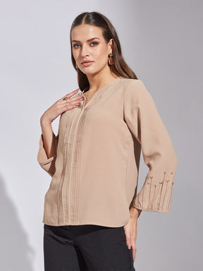 Latin Quarters Women Beige Round Neck 3/4Th Sleeve Solid Top