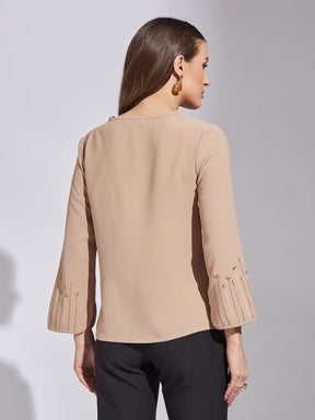 Latin Quarters Women Beige Round Neck 3/4Th Sleeve Solid Top