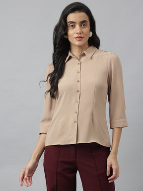 Beige 3/4 Sleeve Collared Neck Solid Shirt For Casual Wear