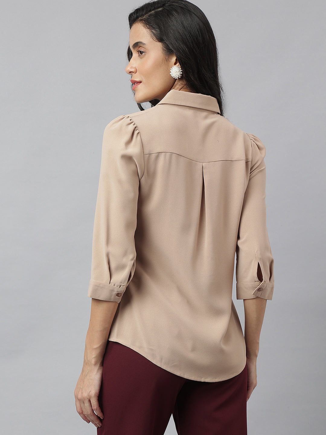 Beige 3/4 Sleeve Collared Neck Solid Shirt For Casual Wear