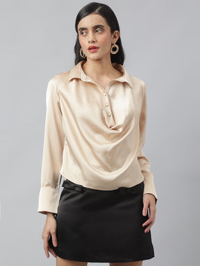 Beige Full Sleeve Collared Neck Solid Top For Casual Wear