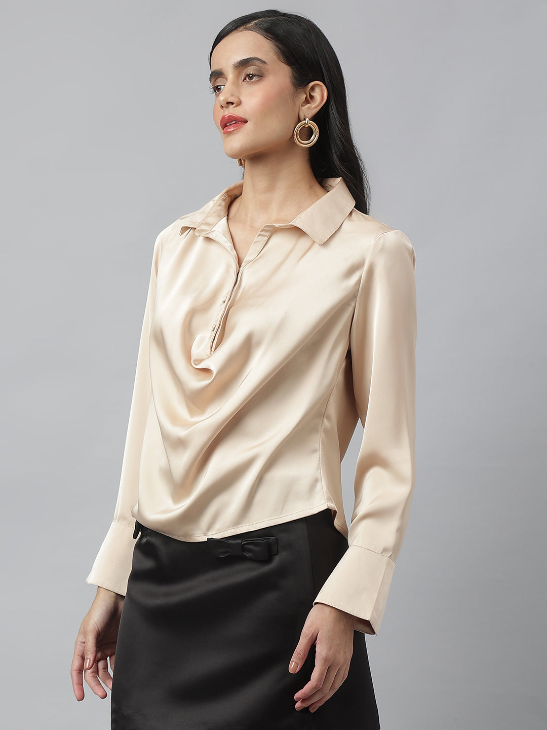 Beige Full Sleeve Collared Neck Solid Top For Casual Wear