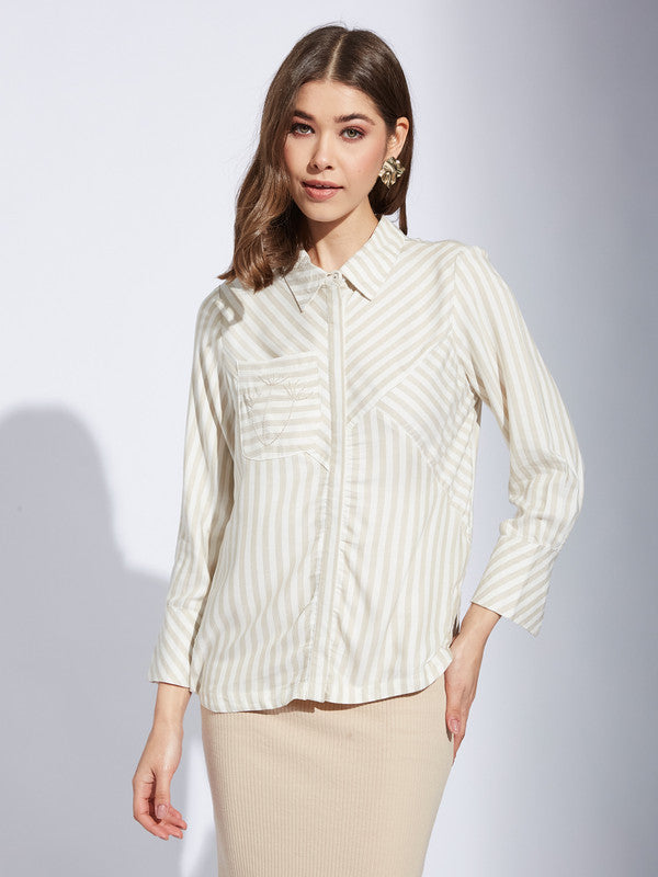 Latin Quarter Women Beige Collar Neck 3/4th Sleeve Striped Shirt Blouse