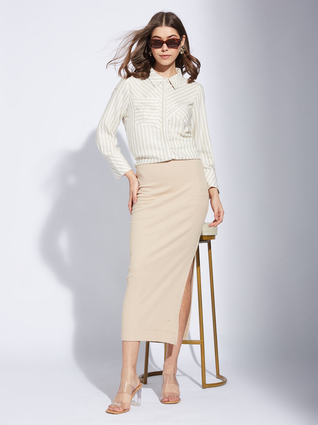 Latin Quarter Women Beige Collar Neck 3/4Th Sleeve Striped Shirt Blouse