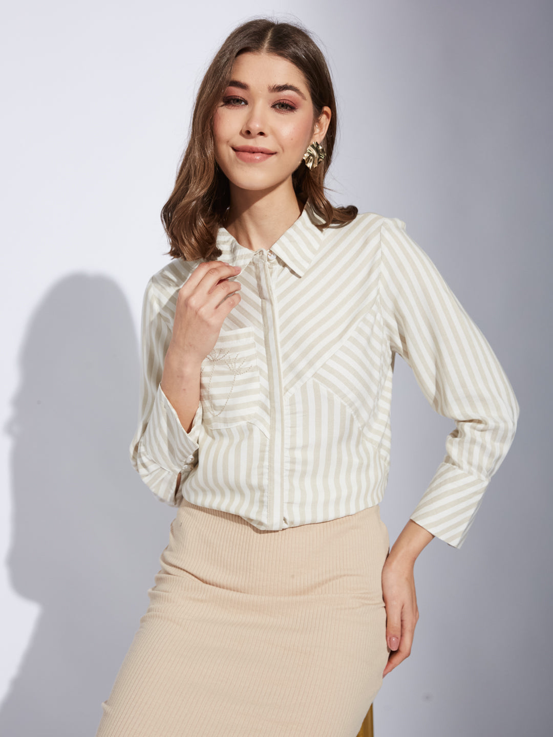 Latin Quarter Women Beige Collar Neck 3/4th Sleeve Striped Shirt Blouse