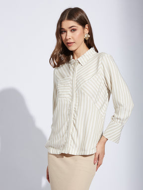 Latin Quarter Women Beige Collar Neck 3/4th Sleeve Striped Shirt Blouse