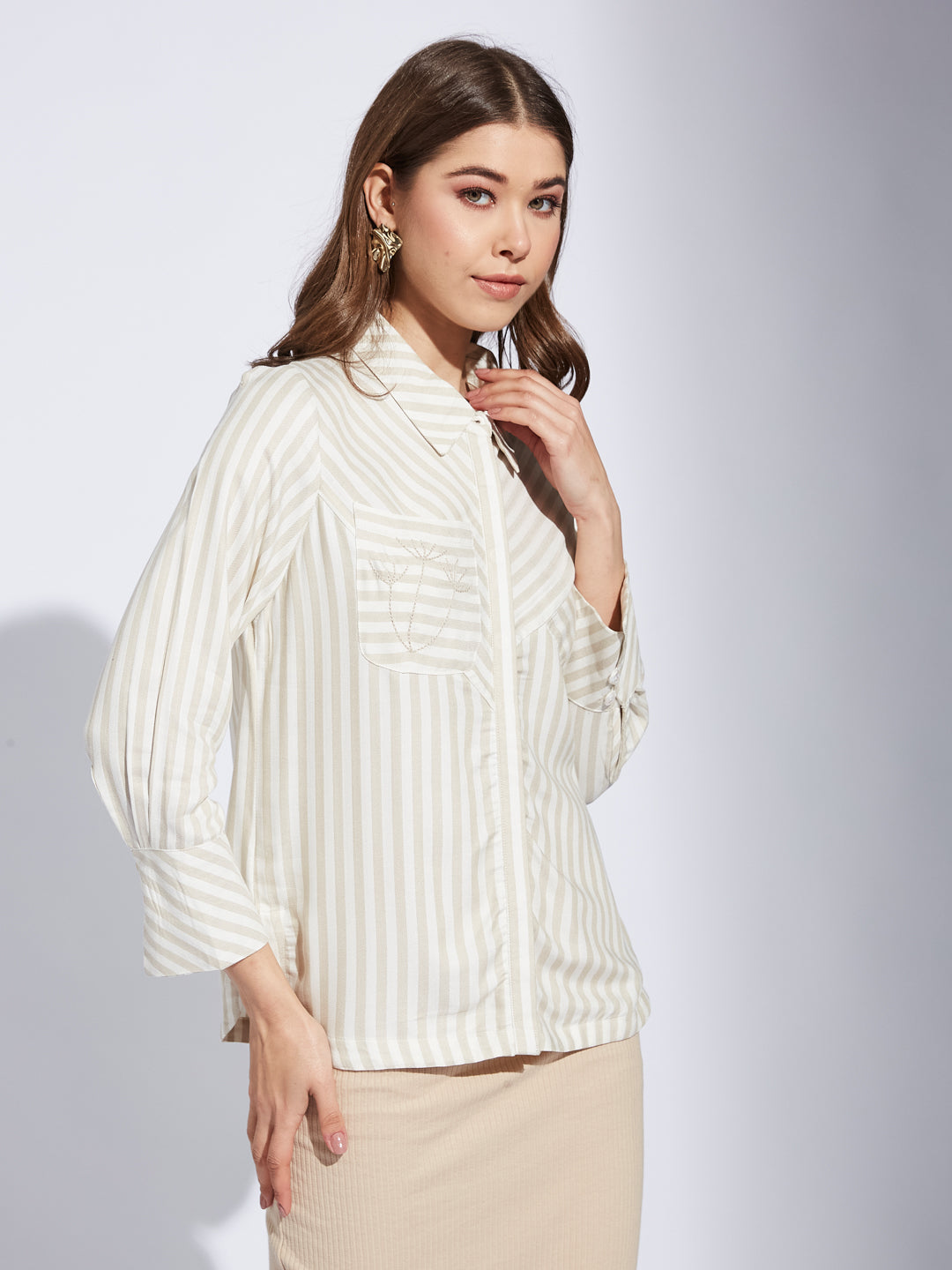 Latin Quarter Women Beige Collar Neck 3/4th Sleeve Striped Shirt Blouse