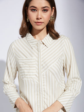 Latin Quarter Women Beige Collar Neck 3/4th Sleeve Striped Shirt Blouse