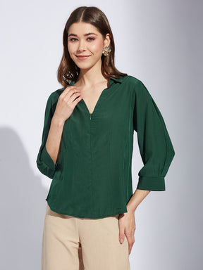 Latin Quarter Women Green Collar Neck 3/4th Sleeve Solid Shirt Blouse