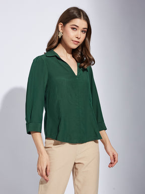 Latin Quarter Women Green Collar Neck 3/4th Sleeve Solid Shirt Blouse