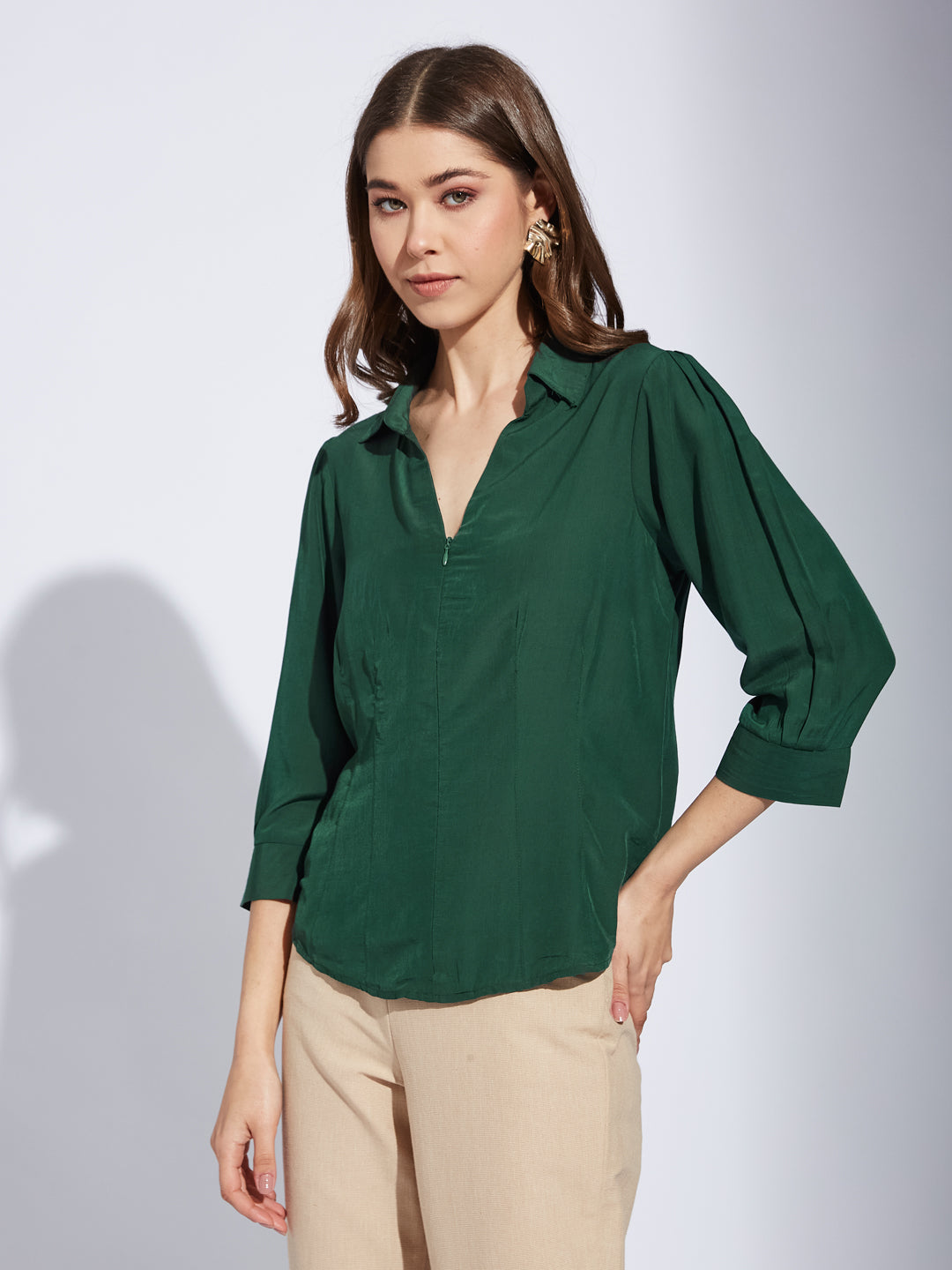 Latin Quarter Women Green Collar Neck 3/4th Sleeve Solid Shirt Blouse