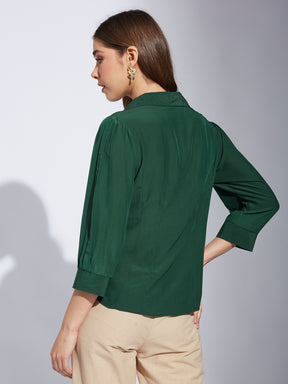 Latin Quarter Women Green Collar Neck 3/4th Sleeve Solid Shirt Blouse