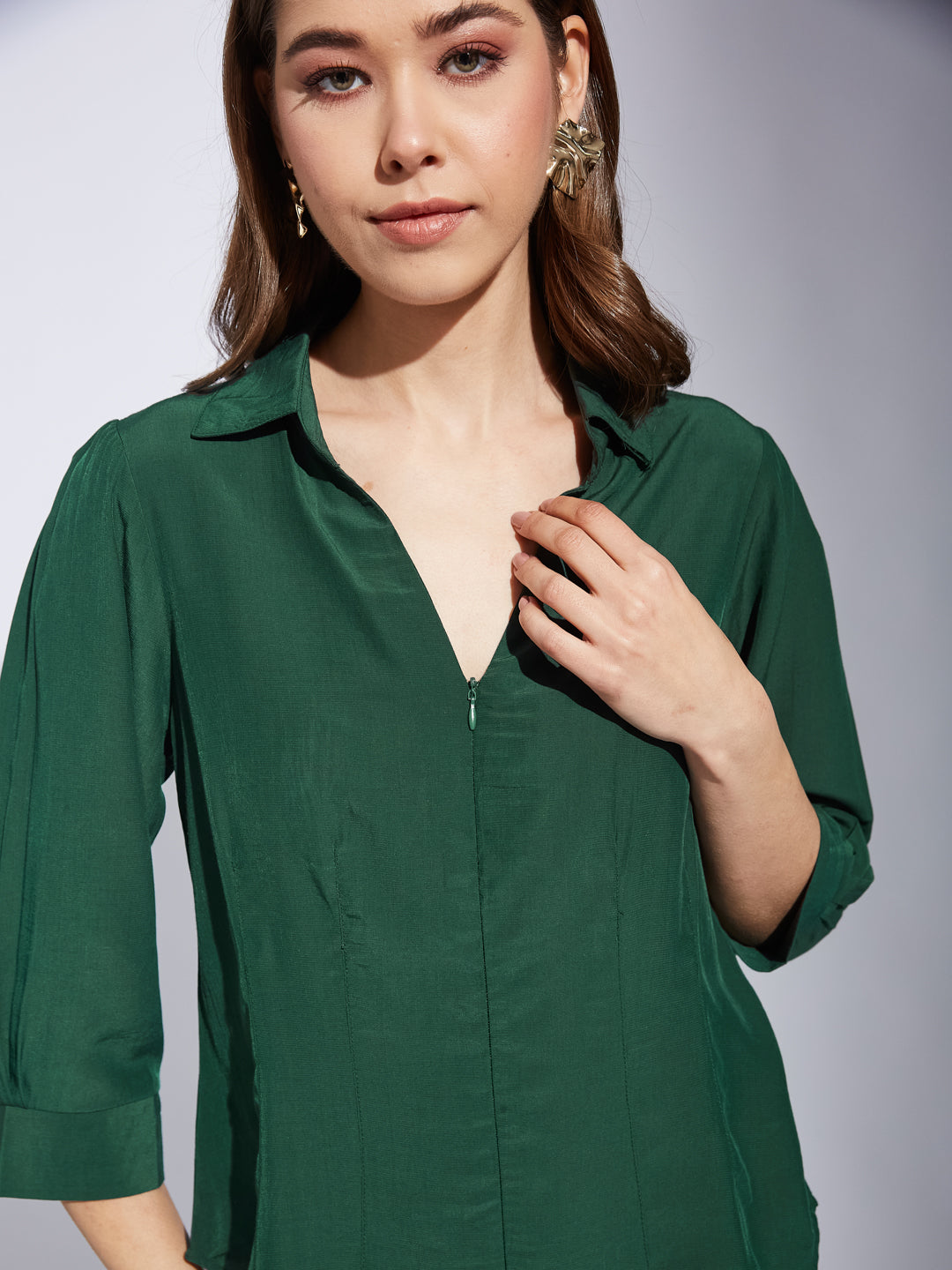 Latin Quarter Women Green Collar Neck 3/4th Sleeve Solid Shirt Blouse