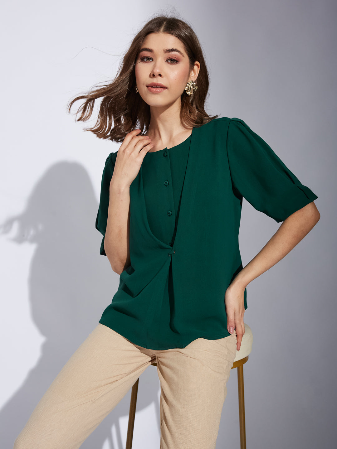 Latin Quarter Women Green Round Neck Half Sleeve Solid Tunic Blouse