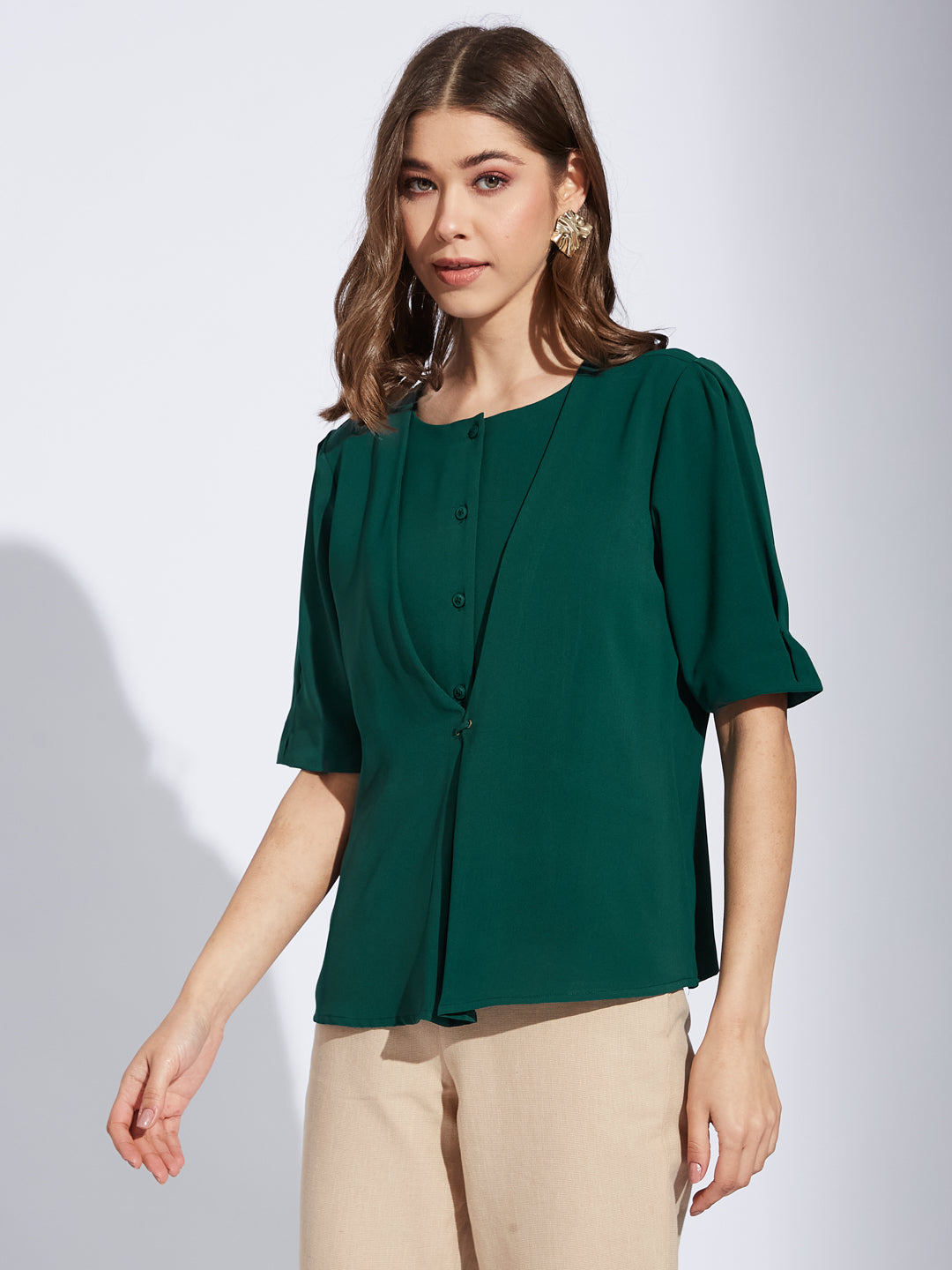 Latin Quarter Women Green Round Neck Half Sleeve Solid Tunic Blouse