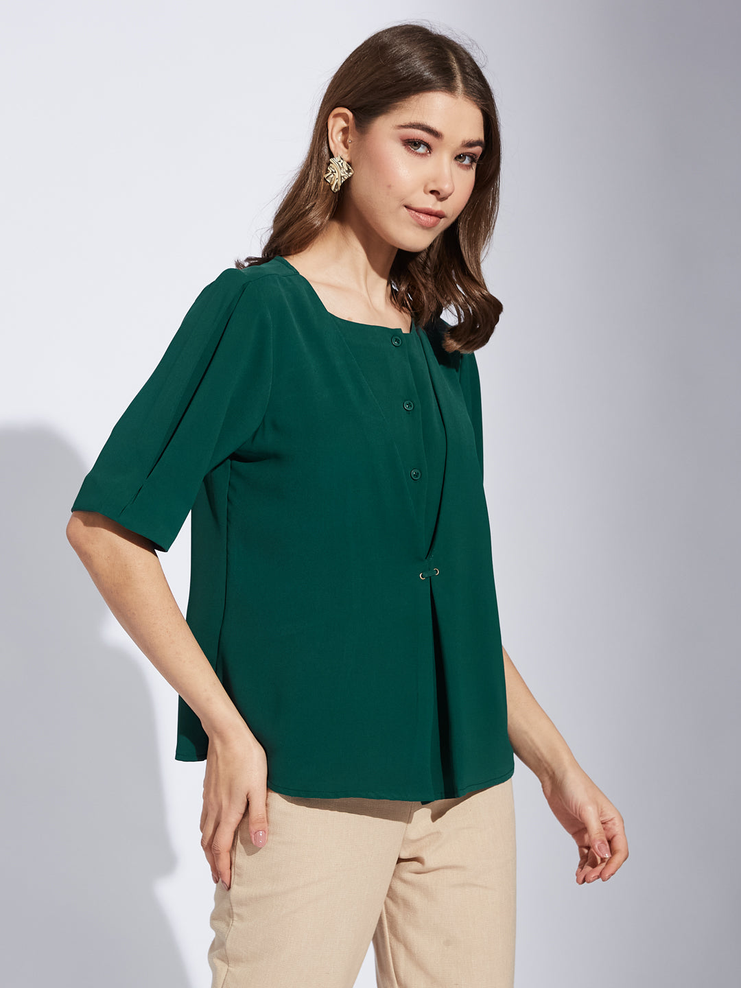 Latin Quarter Women Green Round Neck Half Sleeve Solid Tunic Blouse