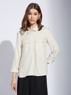 Latin Quarter Women Beige Collar Neck 3/4th Sleeve Striped Casual Shirt Blouse