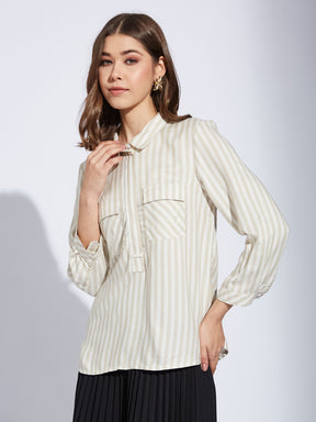 Latin Quarter Women Beige Collar Neck 3/4th Sleeve Striped Casual Shirt Blouse