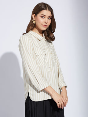 Latin Quarter Women Beige Collar Neck 3/4th Sleeve Striped Casual Shirt Blouse