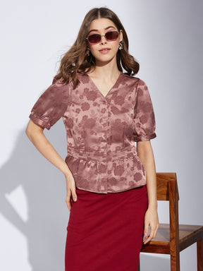 Latin Quarter Women Pink V-Neck Half Sleeve Printed Top Blouse