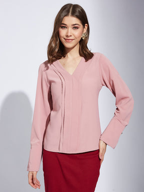 Latin Quarter Women Pink V-Neck Full Sleeve Solid Tunic Blouse