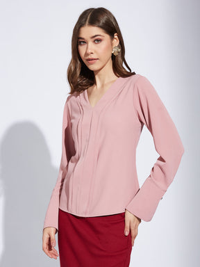 Latin Quarter Women Pink V-Neck Full Sleeve Solid Tunic Blouse