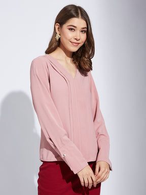 Latin Quarter Women Pink V-Neck Full Sleeve Solid Tunic Blouse