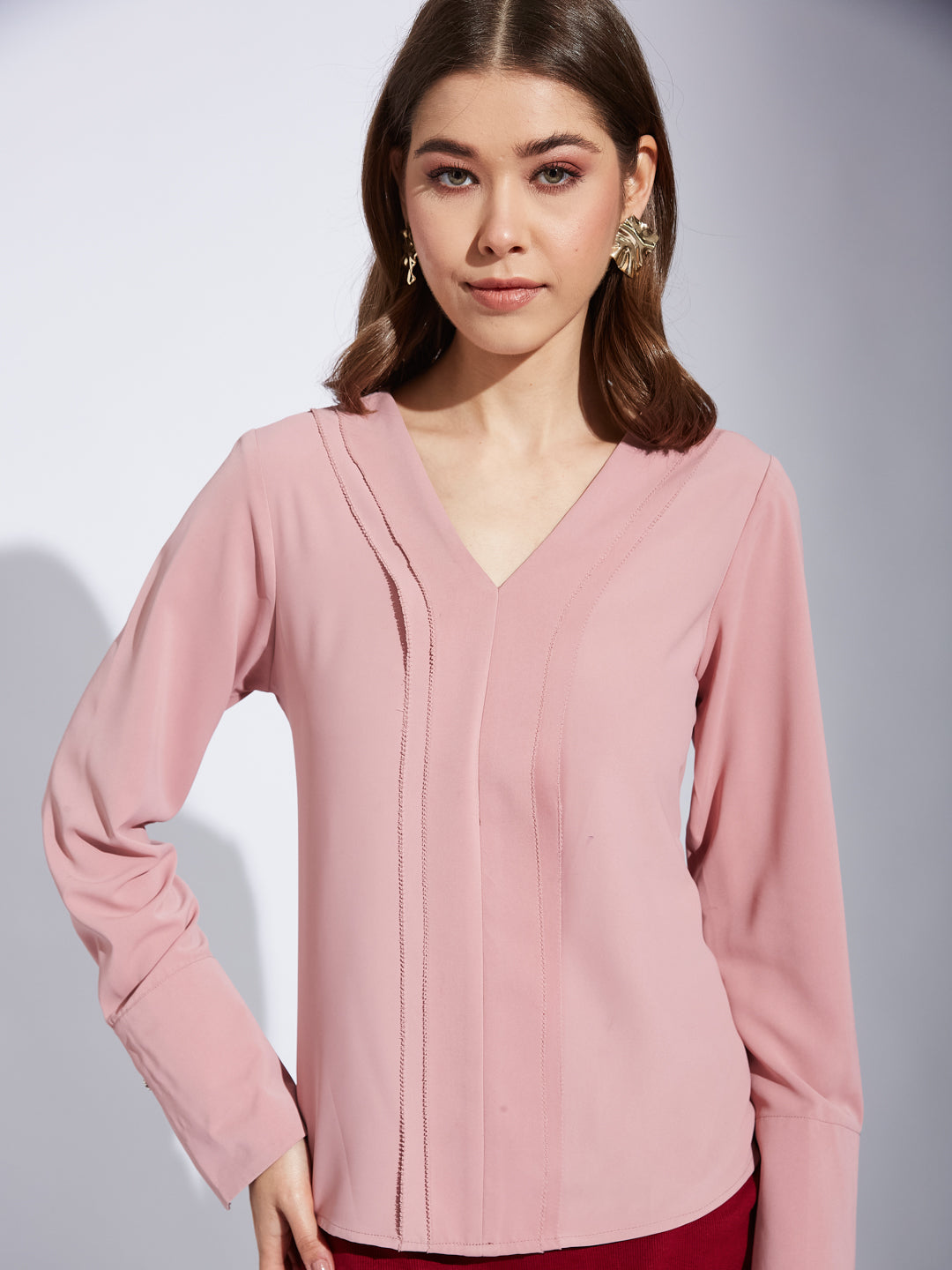 Latin Quarter Women Pink V-Neck Full Sleeve Solid Tunic Blouse