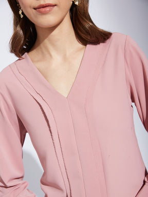 Latin Quarter Women Pink V-Neck Full Sleeve Solid Tunic Blouse