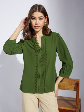 Latin Quarter Women Greenolive V-Neck 3/4Th Sleeve Solid Tunic Blouse