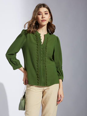 Latin Quarter Women Greenolive V-Neck 3/4th Sleeve Solid Tunic Blouse