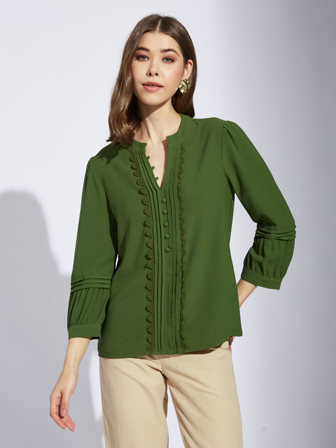 Latin Quarter Women Greenolive V-Neck 3/4th Sleeve Solid Tunic Blouse