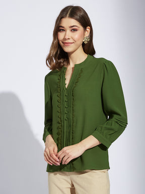 Latin Quarter Women Greenolive V-Neck 3/4th Sleeve Solid Tunic Blouse