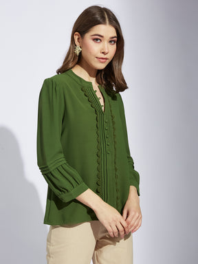 Latin Quarter Women Greenolive V-Neck 3/4th Sleeve Solid Tunic Blouse