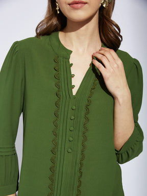 Latin Quarter Women Greenolive V-Neck 3/4th Sleeve Solid Tunic Blouse