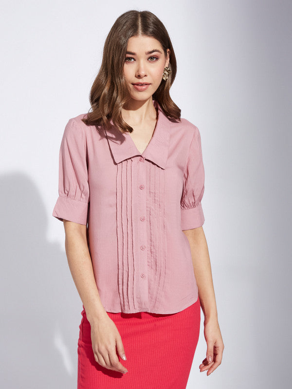 Latin Quarter Women Pink Dusky Collar Neck Half Sleeve Solid Shirt Blouse