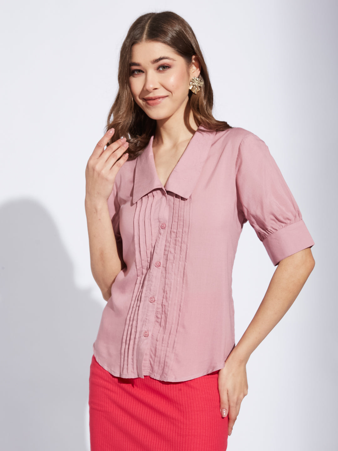 Latin Quarter Women Pink Dusky Collar Neck Half Sleeve Solid Shirt Blouse