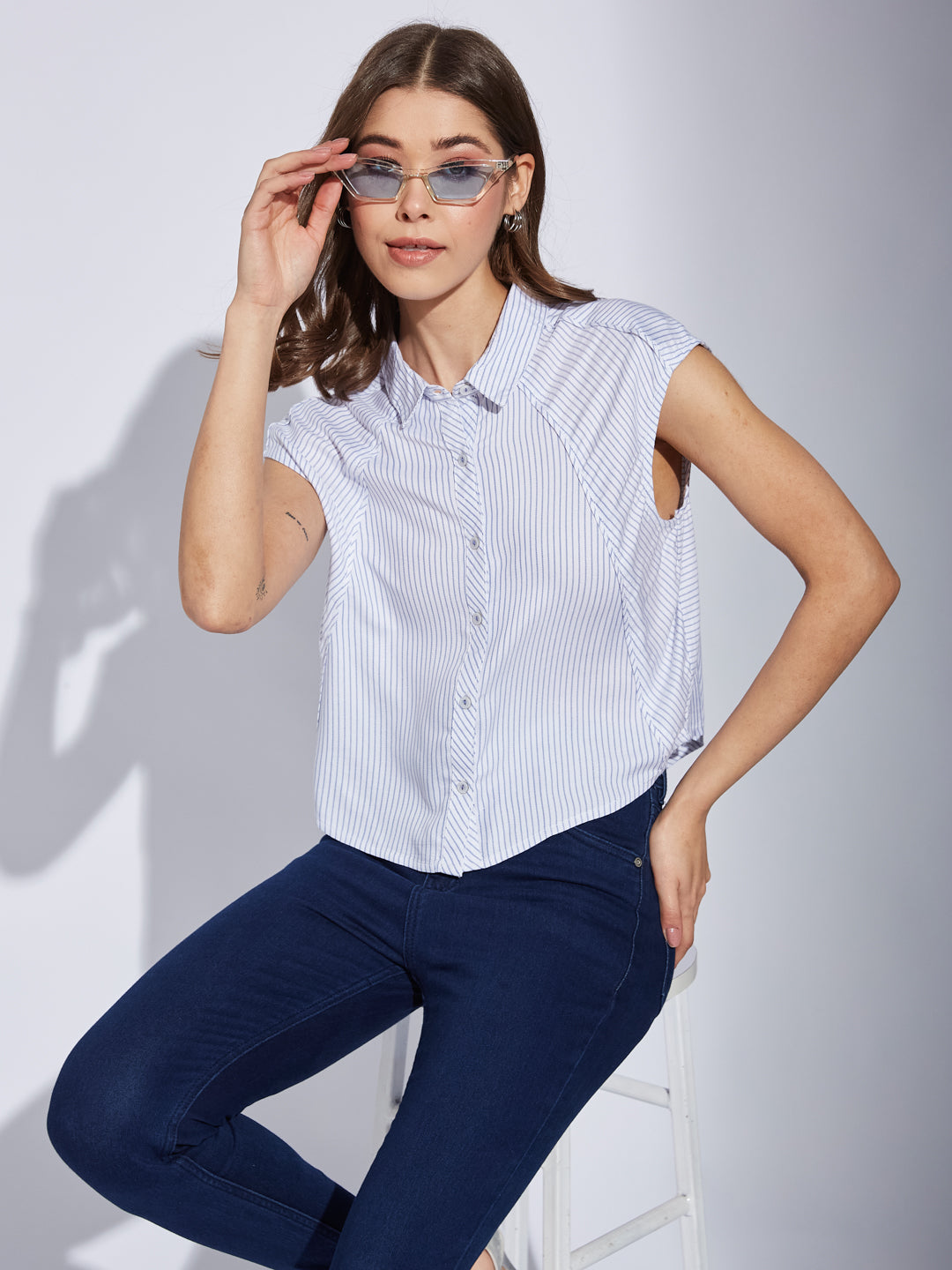 Latin Quarter Women Blue Collar Neck Cap Sleeve Striped Shirt Blouse