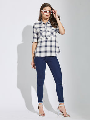 Latin Quarters Women Blue Collar Neck Half Sleeves Checked Shirt Blouse For Casual Wear