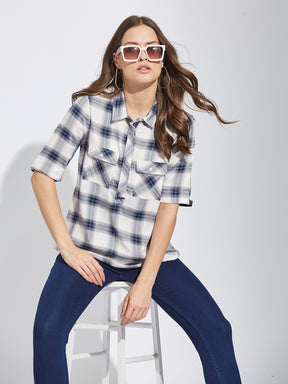Latin Quarters Women Blue Collar Neck Half Sleeves Checked Shirt Blouse For Casual Wear