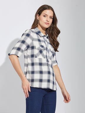 Latin Quarters Women Blue Collar Neck Half Sleeves Checked Shirt Blouse For Casual Wear