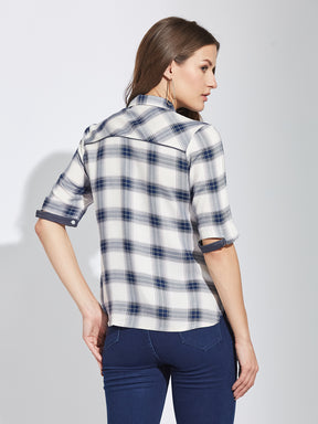 Latin Quarters Women Blue Collar Neck Half Sleeves Checked Shirt Blouse For Casual Wear