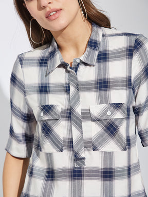 Latin Quarters Women Blue Collar Neck Half Sleeves Checked Shirt Blouse For Casual Wear