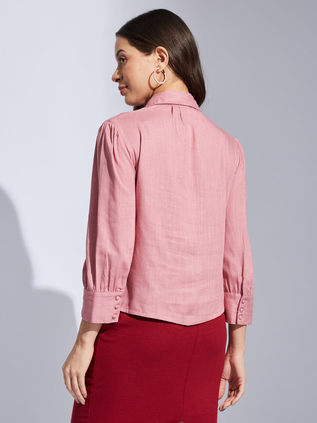 Latin Quarters Women Pink Collared Full Sleeves Solid Shirt Blouse