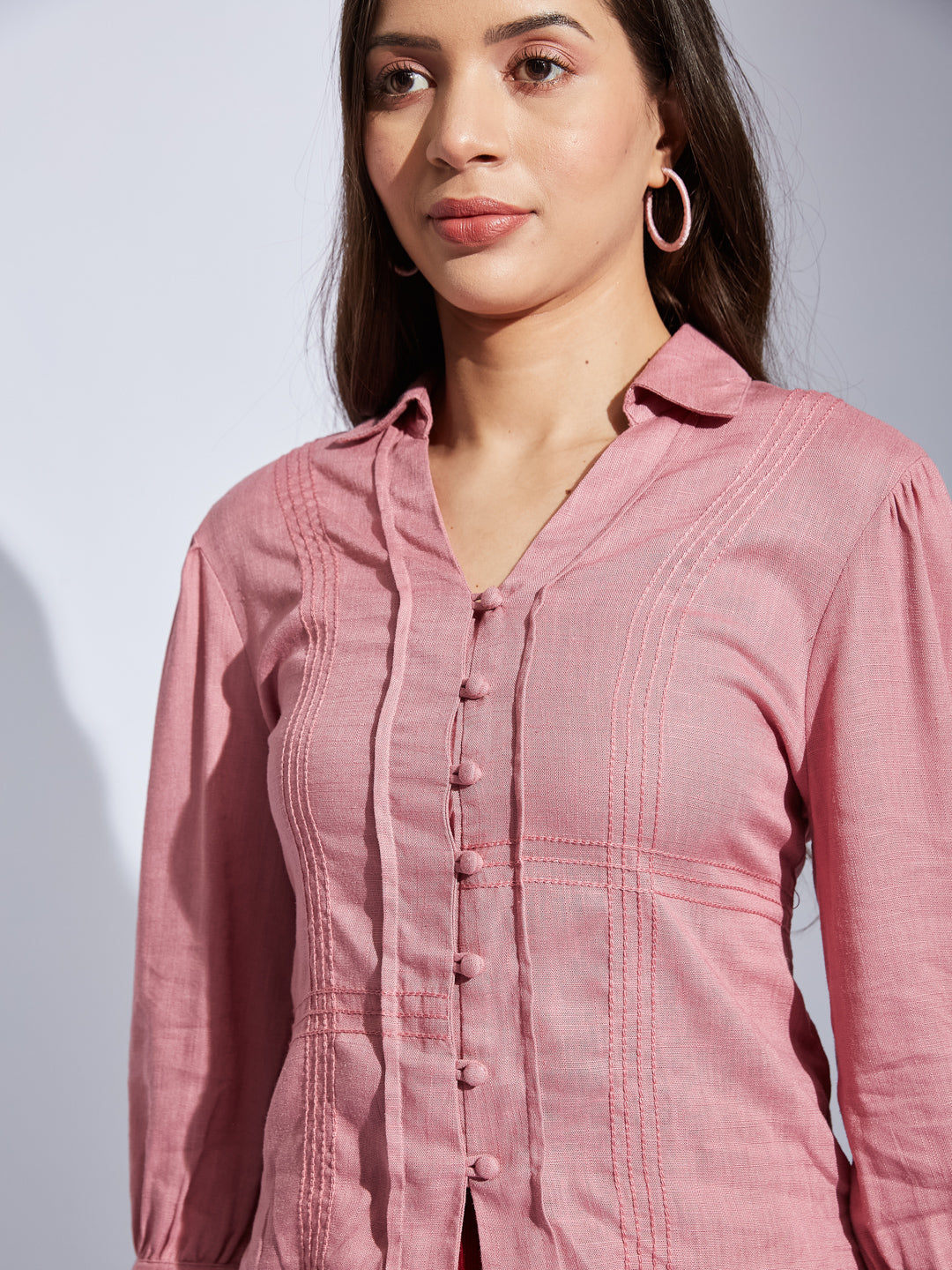 Latin Quarters Women Pink Collared Full Sleeves Solid Shirt Blouse